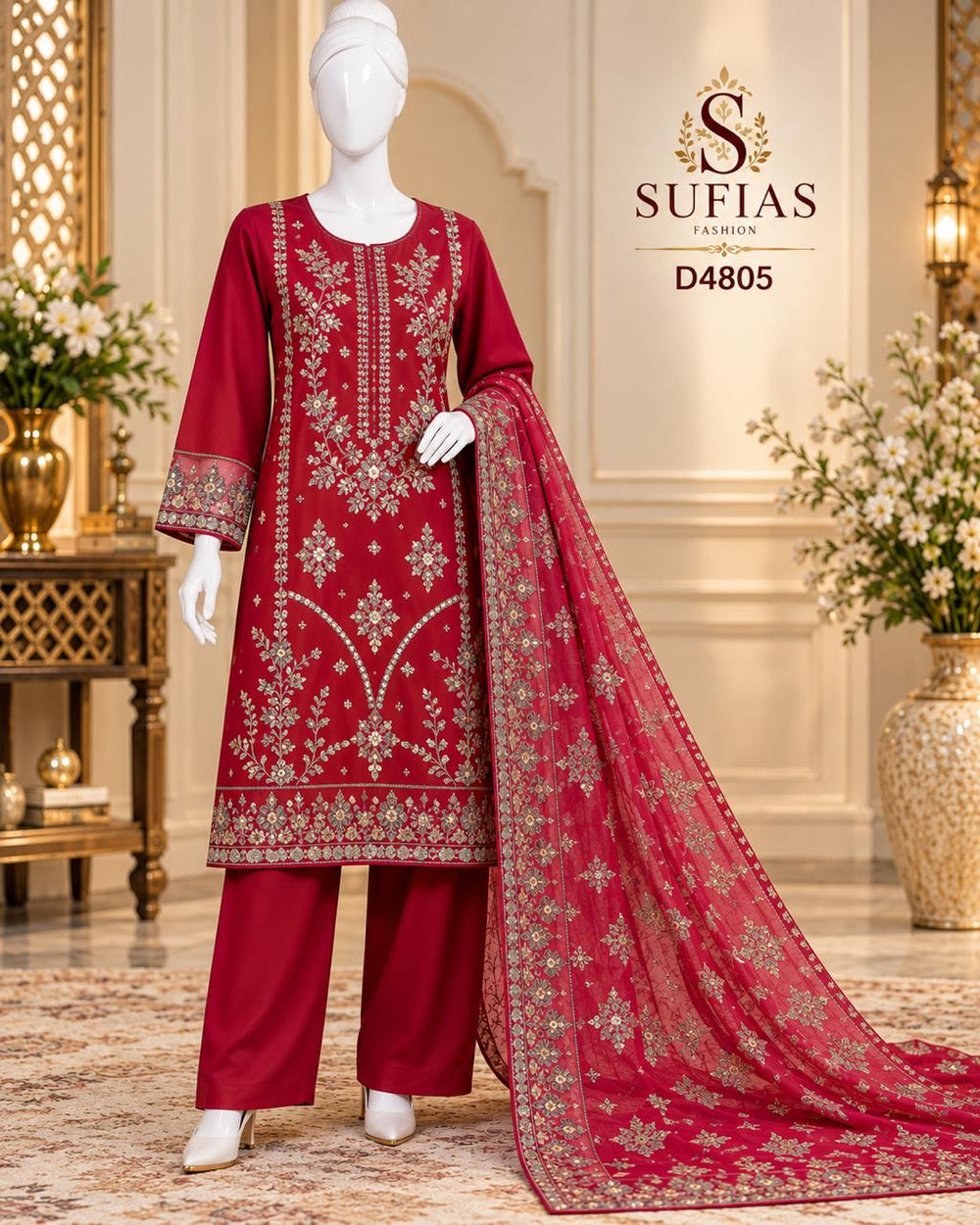 Red embroidered three-piece winter cotton suit D4805 front view