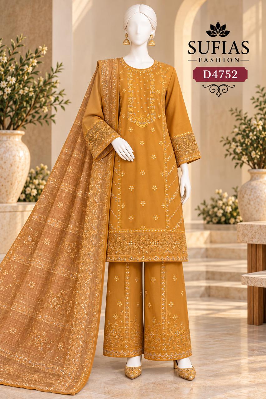 Mustard embroidered three-piece suit D4752 front view