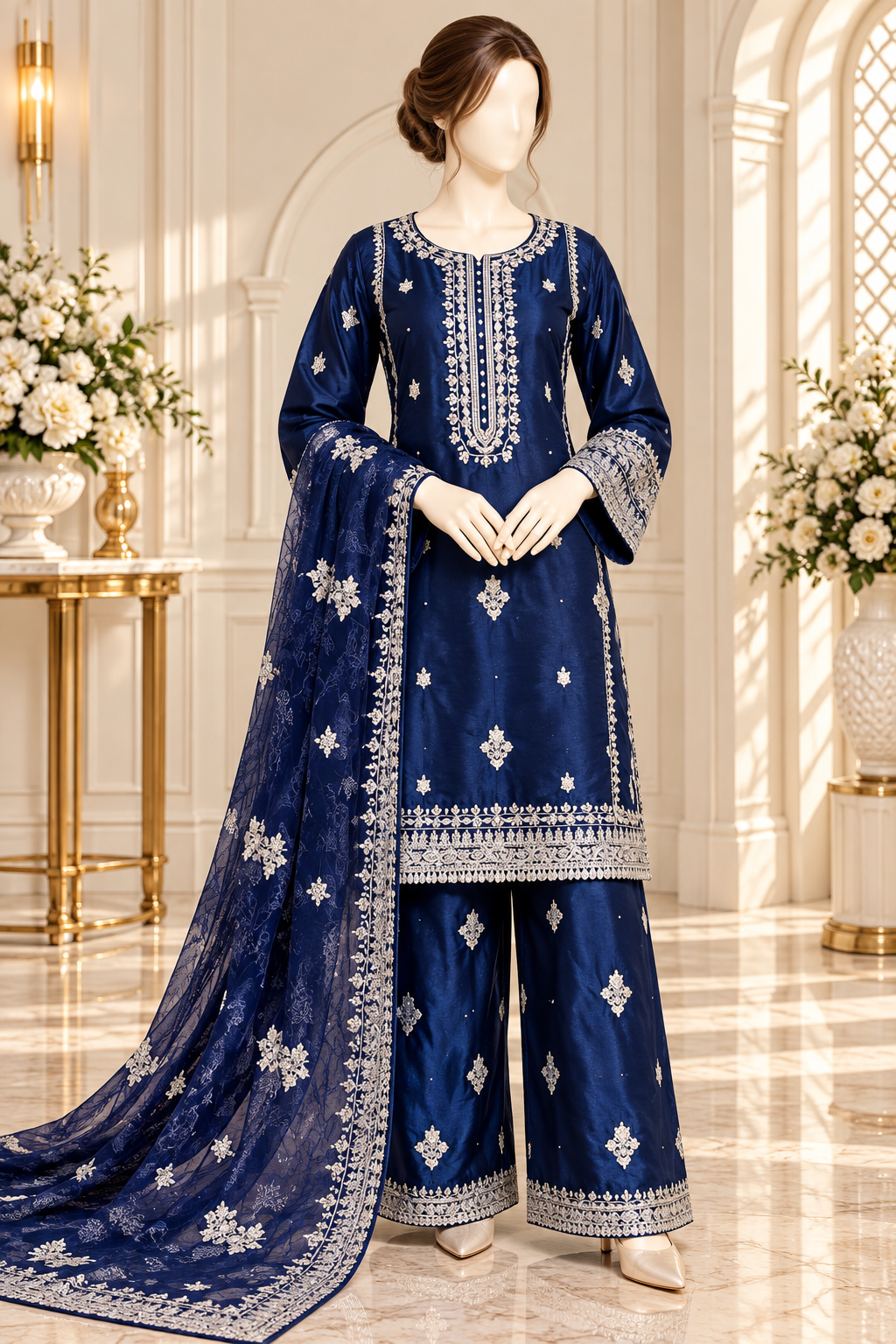 Luxury navy blue embroidered Sheesha Silk 3-piece suit with dupatta