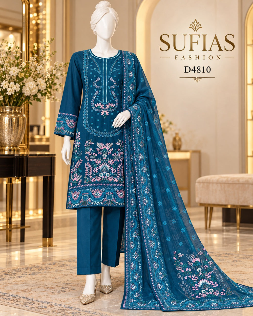 Deep teal embroidered three-piece suit D4810 full-length standing view