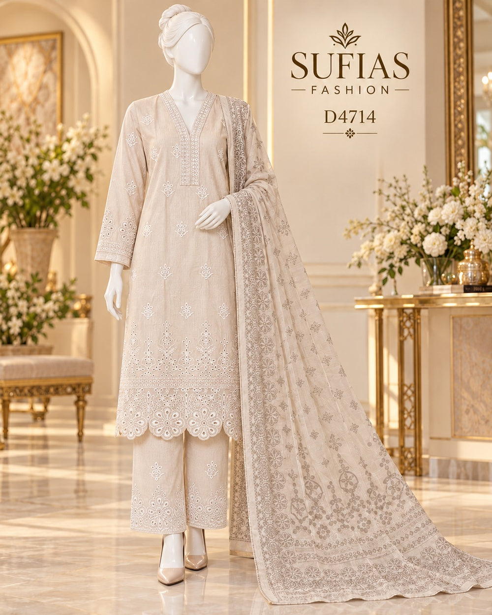 Beige embroidered three-piece suit D4714 standing look with detailed dupatta