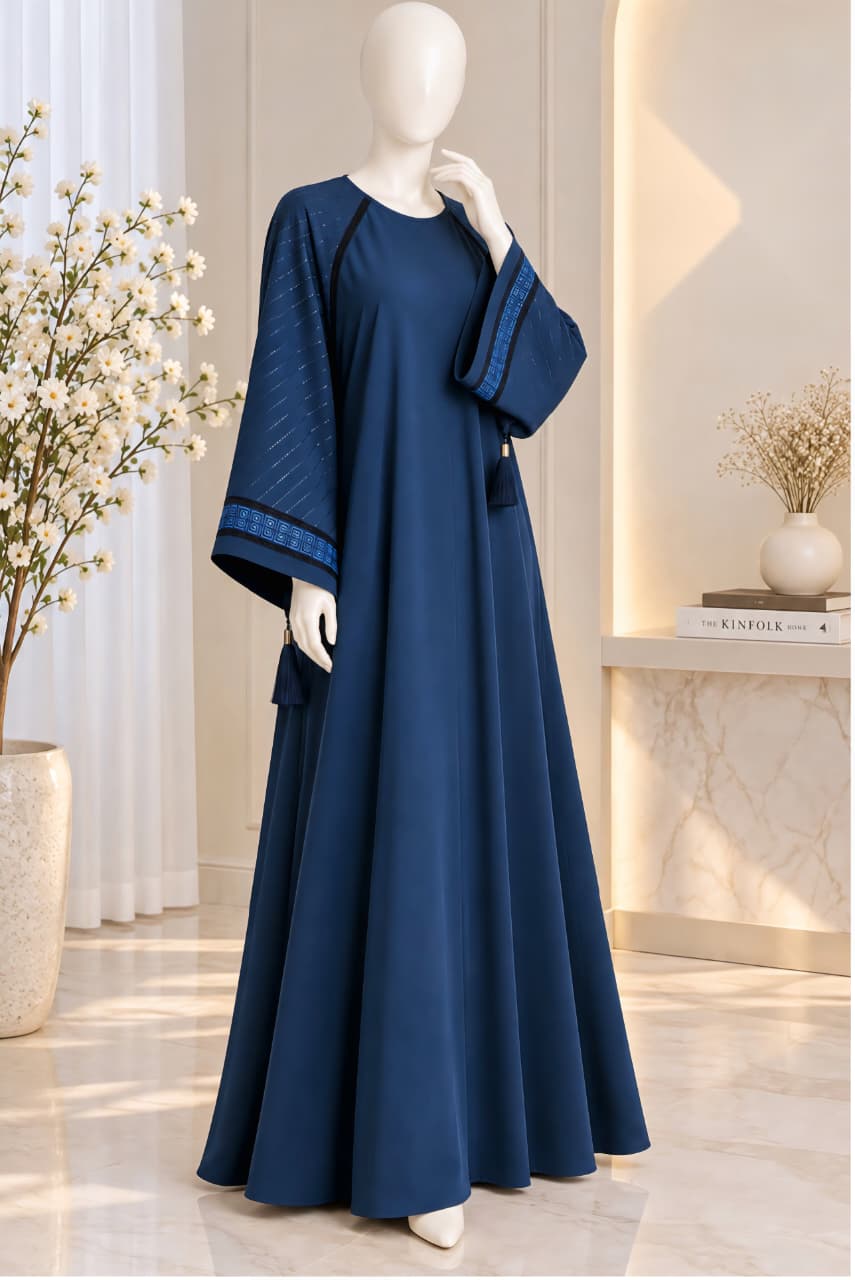 Navy blue abaya with wide embroidered sleeves