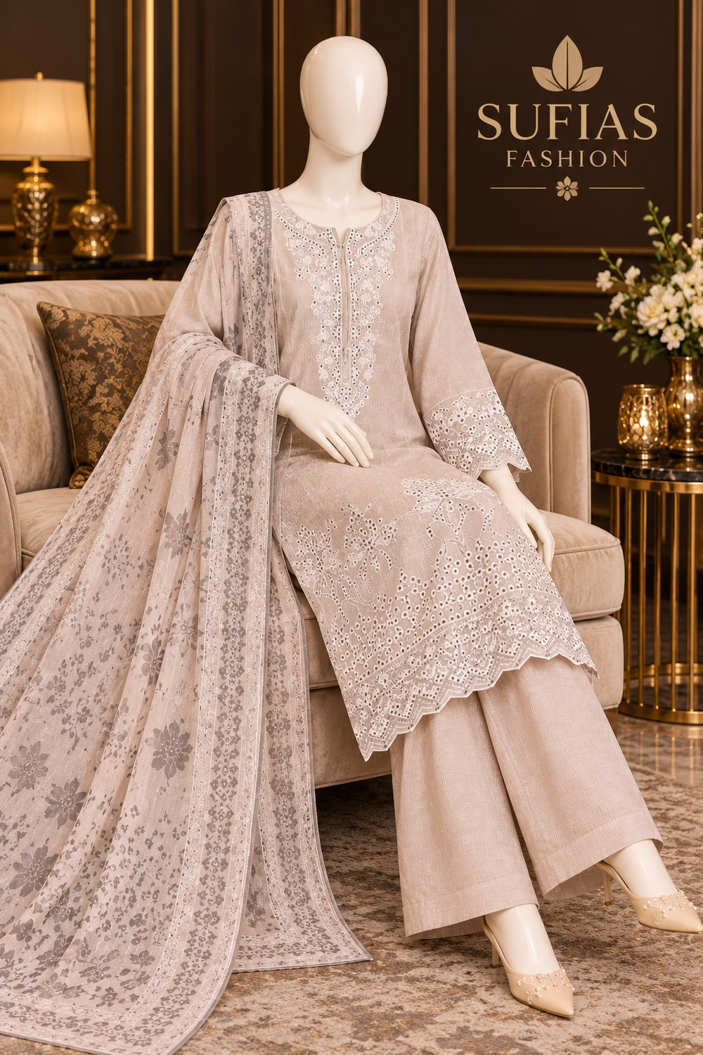 Beige embroidered winter cotton 3-piece suit displayed on mannequin