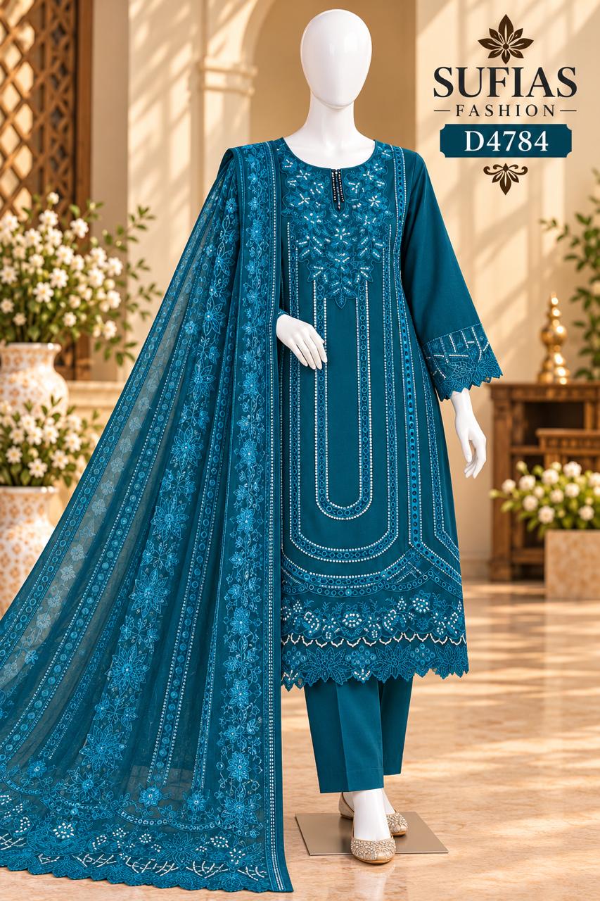 Deep teal embroidered Winter Cotton 3-piece suit design D4784
