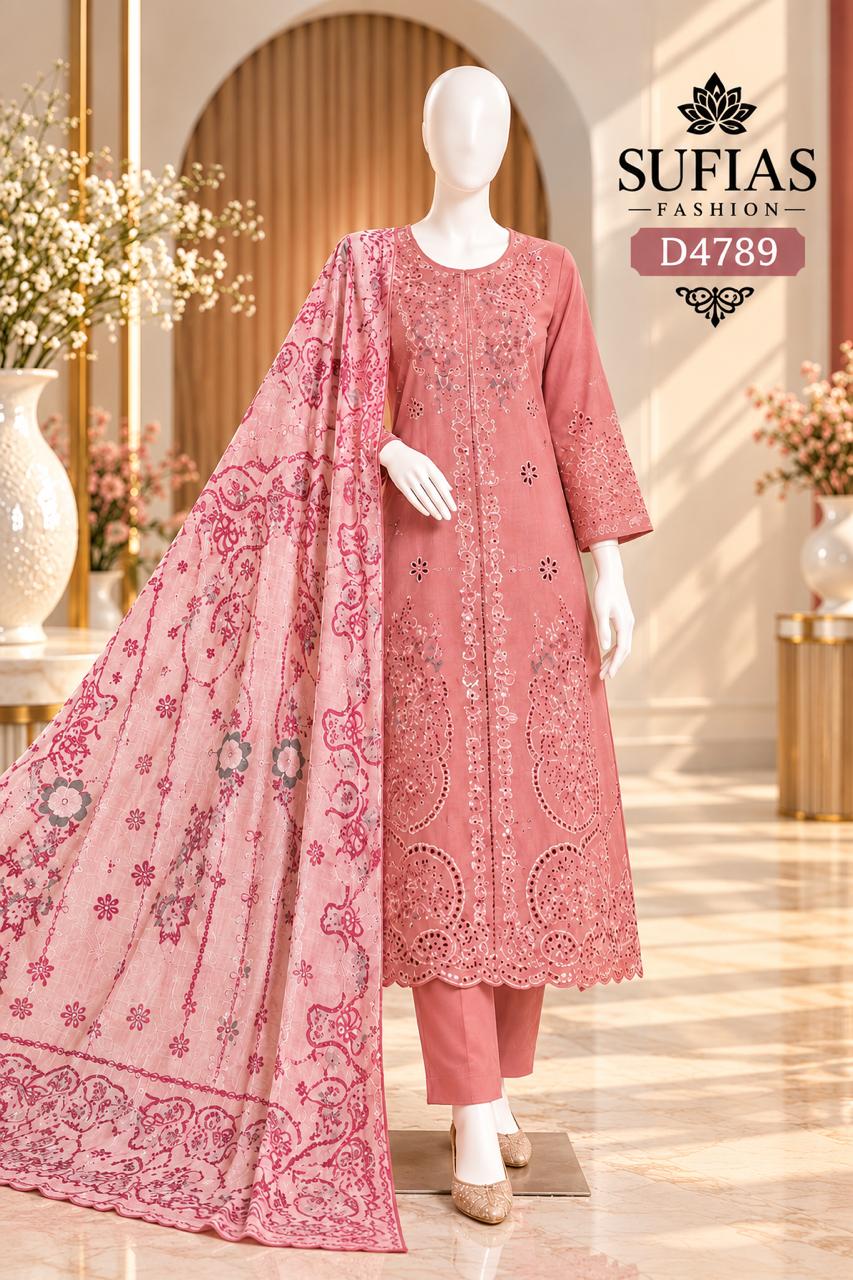 Dusty rose embroidered Winter Cotton 3-piece suit design D4789