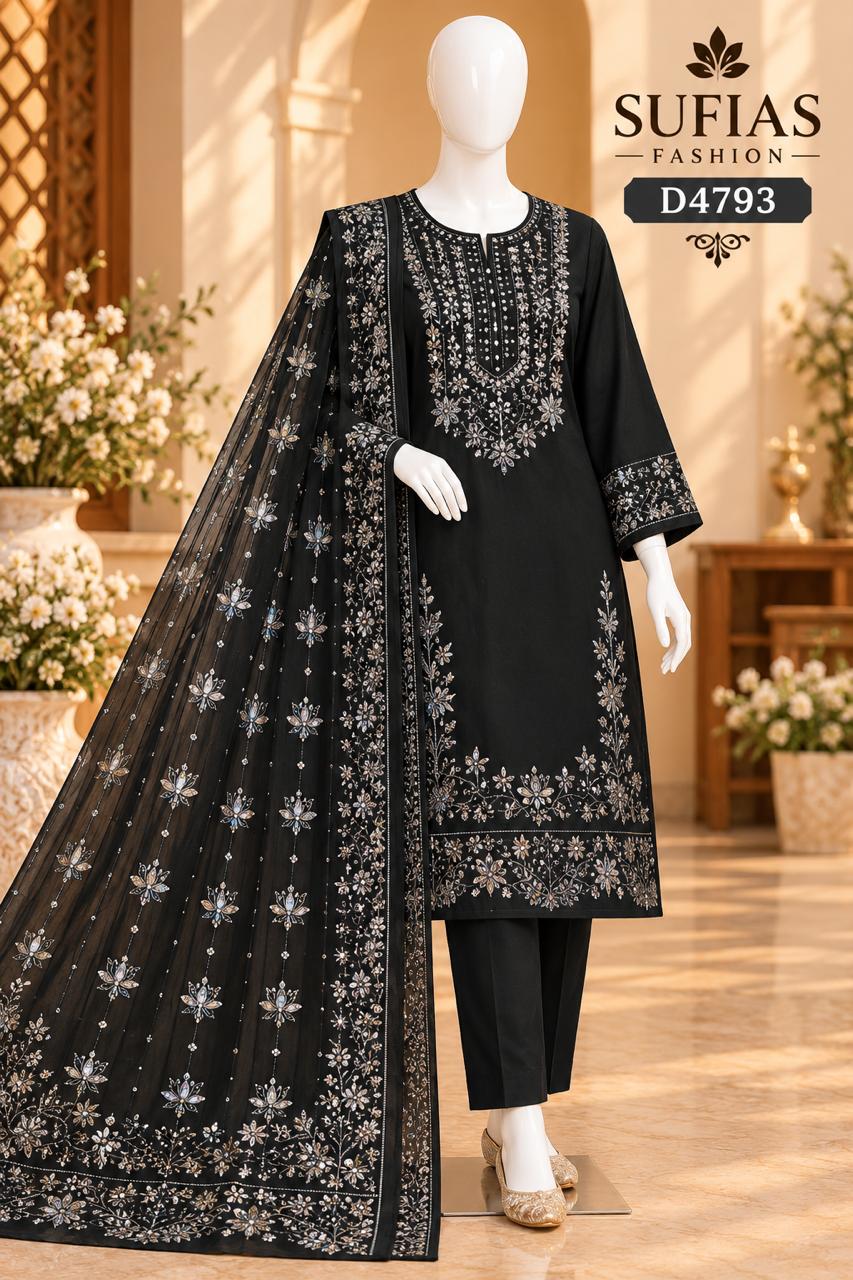 black Embroidered ✨ Winter Cotton 3 Piece Suit – D4793
