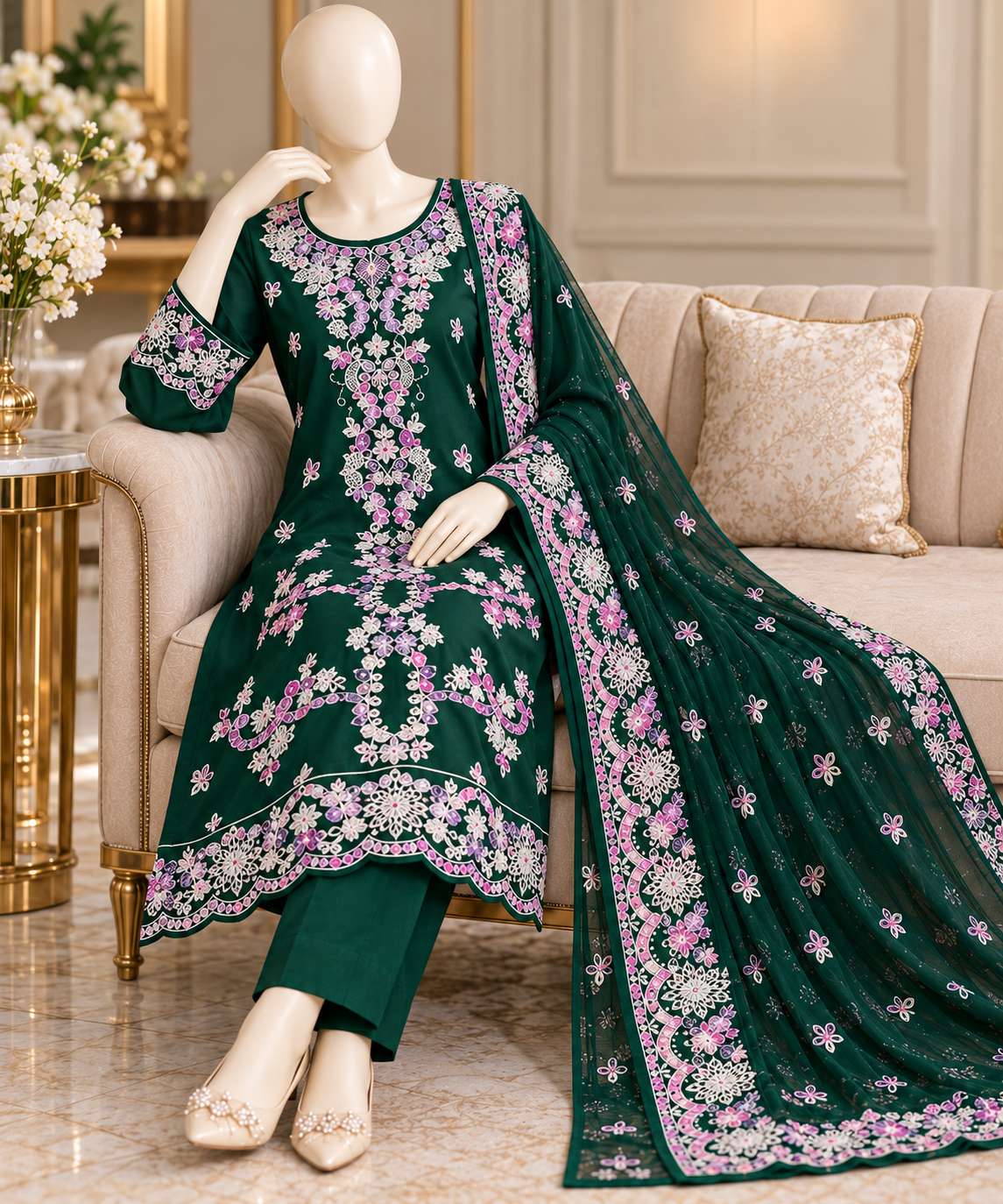 Emerald green embroidered 3 piece suit alternate view