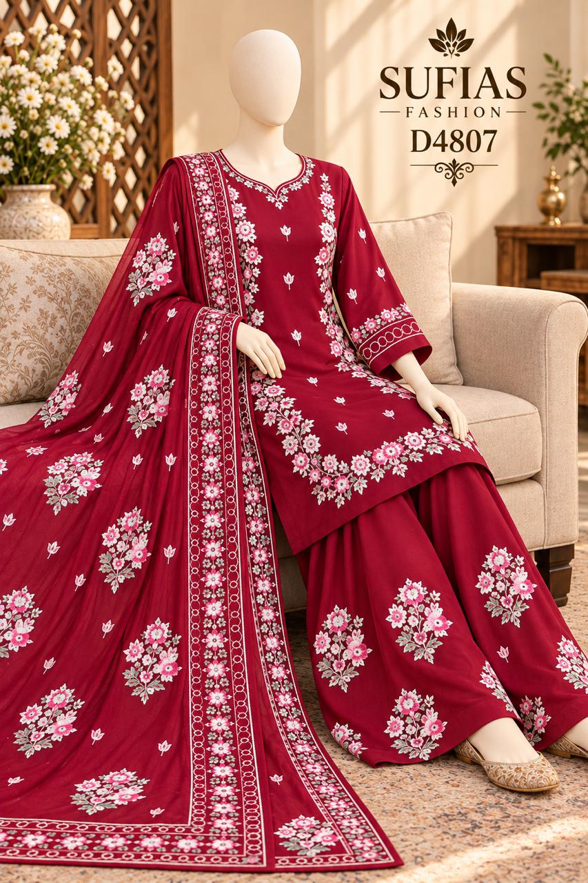 Maroon floral embroidered Winter Cotton 3-piece suit design D4807