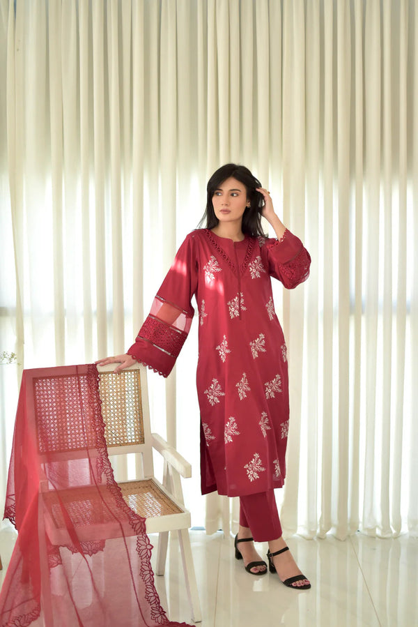 JENIFER MAHROON EMBROIDED 3-PC