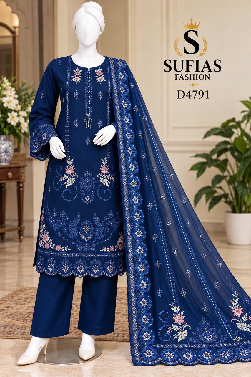 Navy blue embroidered three-piece winter cotton suit D4791 front view
