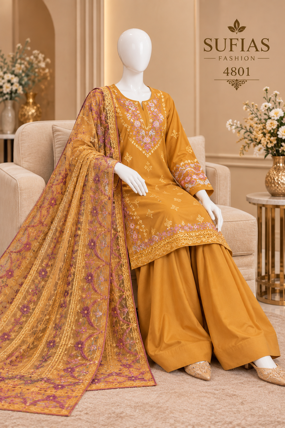 Mustard orange embroidered winter cotton 3-piece suit code 4801 with printed dupatta