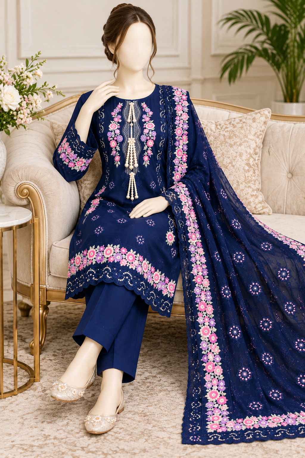 Navy blue and pink floral embroidered winter suit