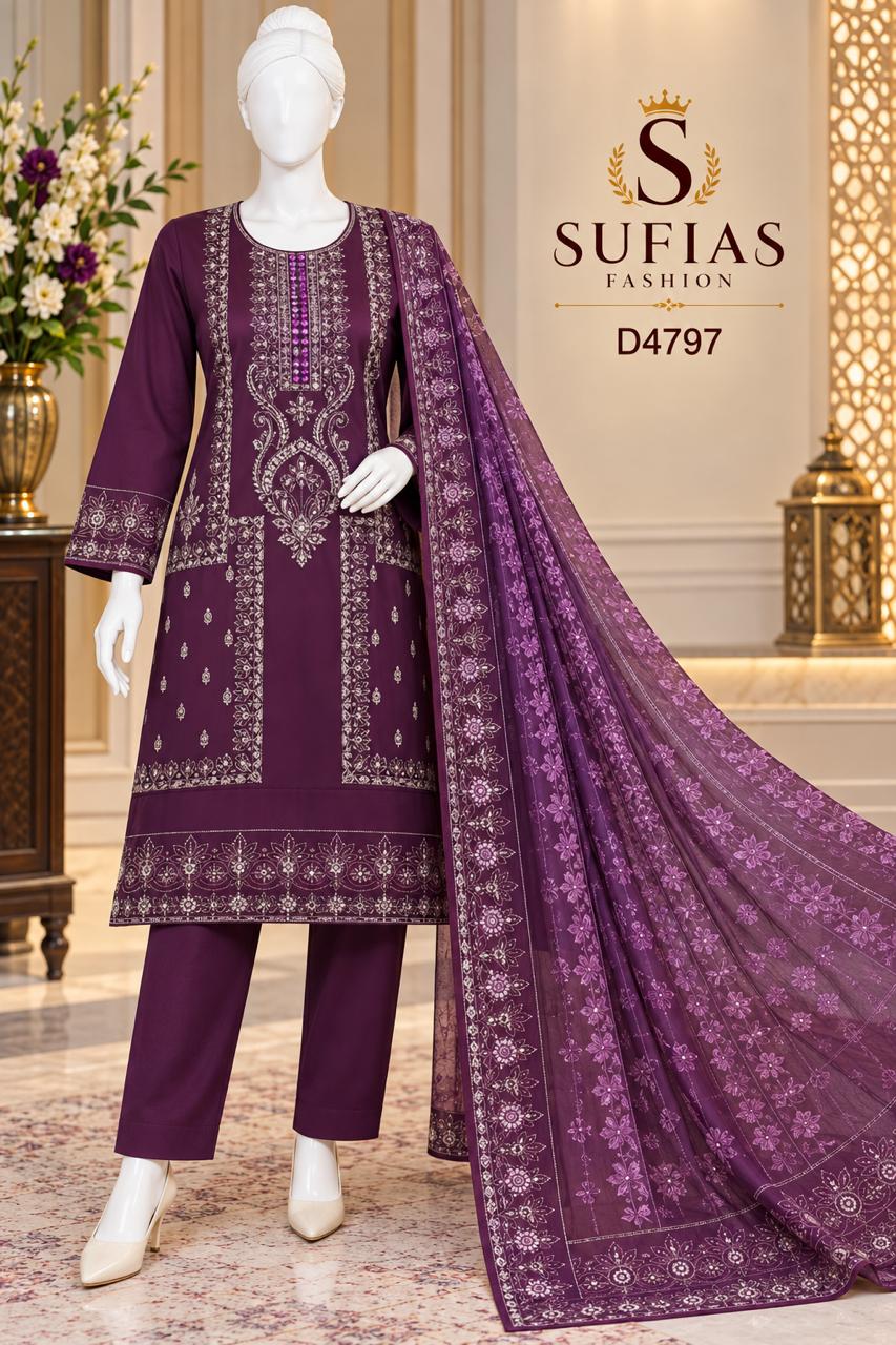 Deep plum embroidered three-piece winter cotton suit D4797 front view