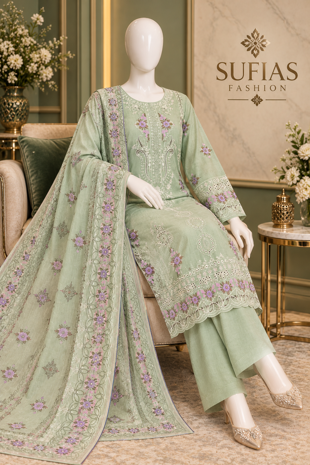 Sage green embroidered winter cotton 3-piece suit displayed on mannequin with dupatta