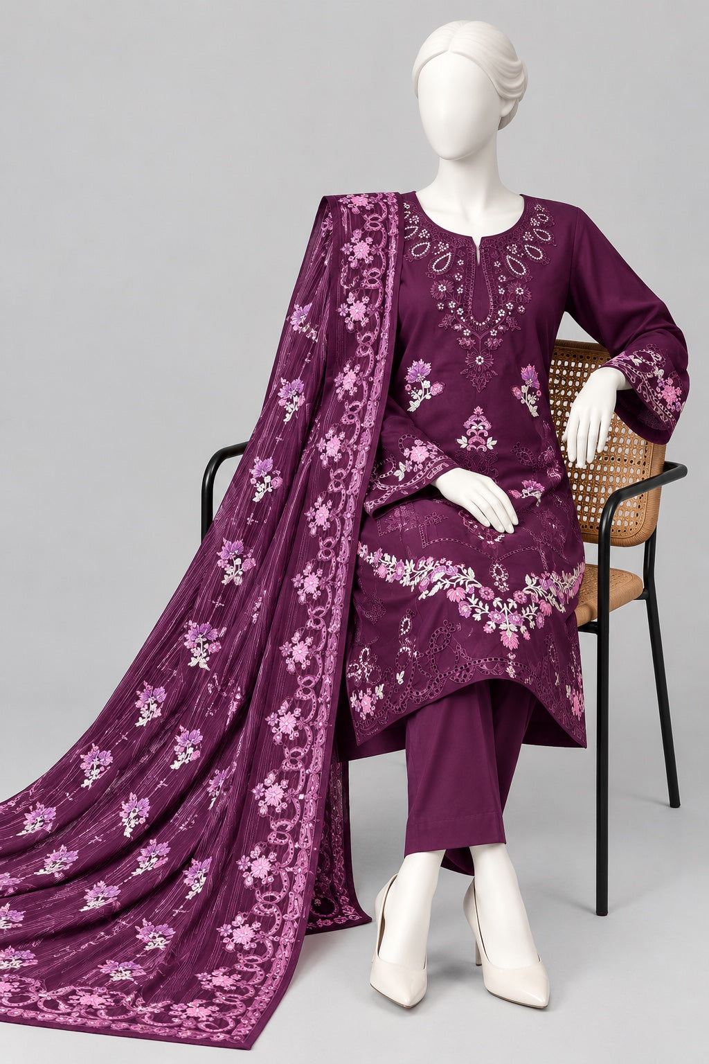 Deep plum embroidered winter suit styling view