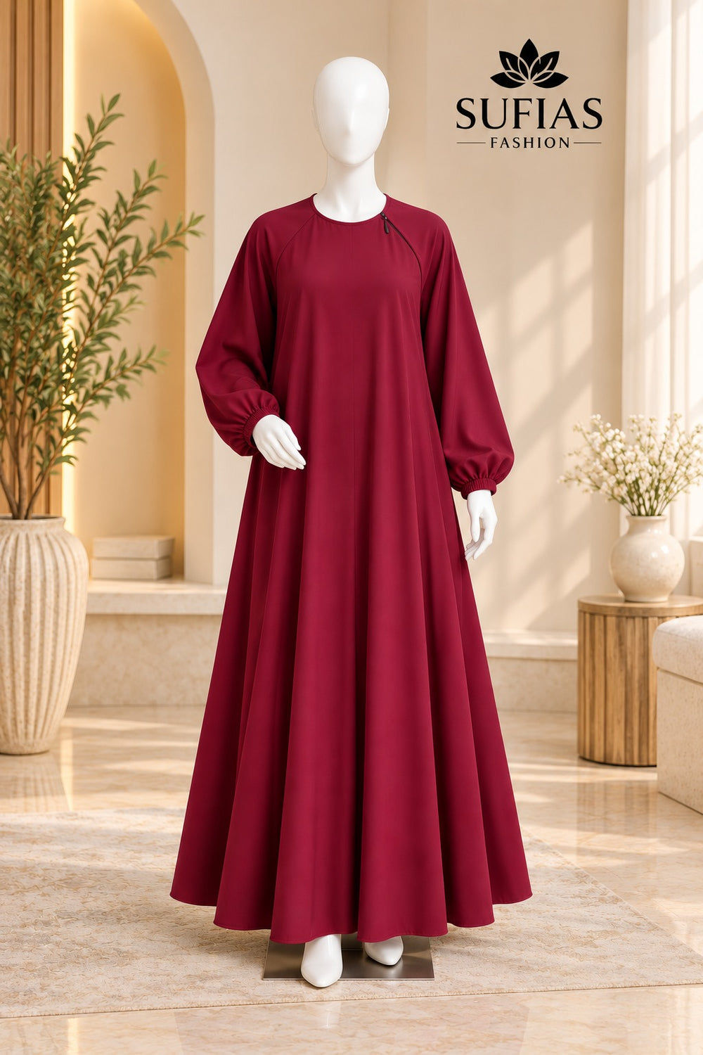 Burgundy flared abaya with zip neckline and gathered sleeves, front view