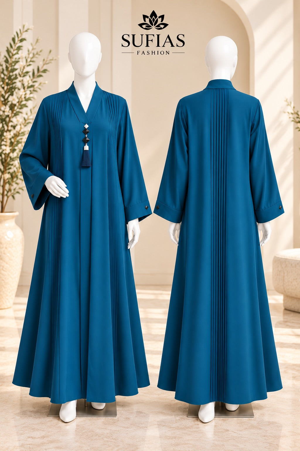 Deep teal pleated abaya front and back