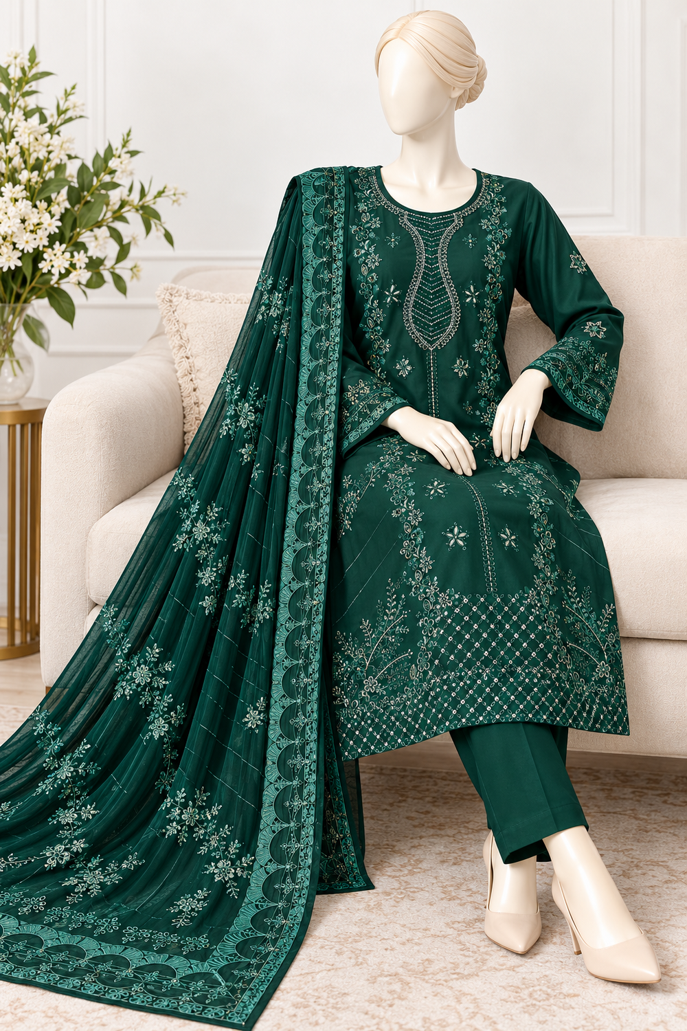 Emerald green embroidered 3 piece winter cotton suit with dupatta